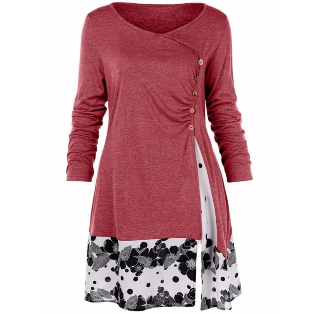 [1X] Rosegal Red Floral Long Sleeve with Buttons